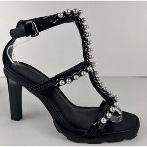 Karl lagerfeld Paris Midge T Strap Black Leather heeled Sandal Pearl Size 9 Nwob